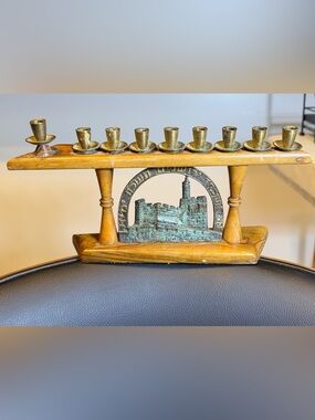 Vintage Wood & Brass Hanukkah Menorah with Jerusalem Motif 11”-5”